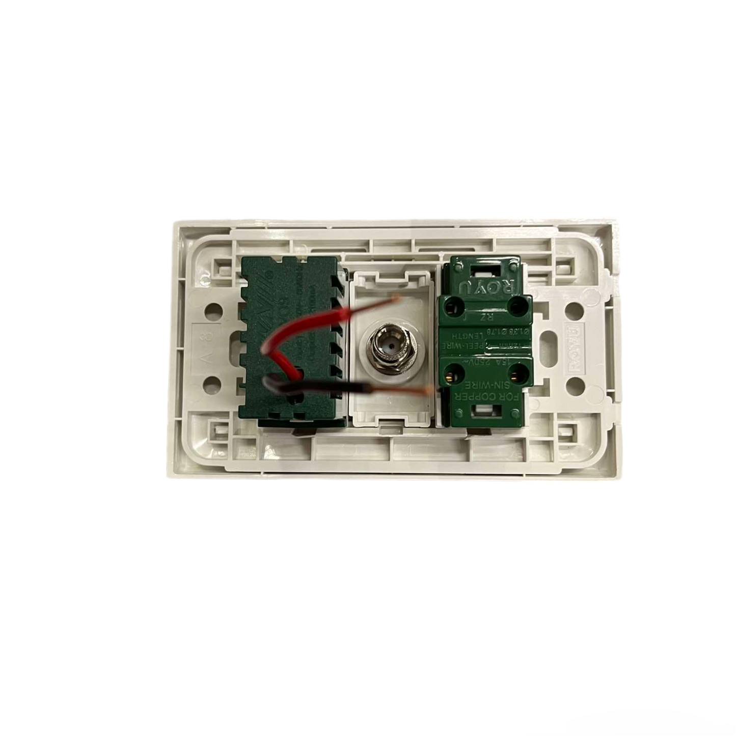 Royu 3 Gang 2 Port USB 2100mAh 5VDC white wall plate interior showing PCBs red wire and metal coax connector