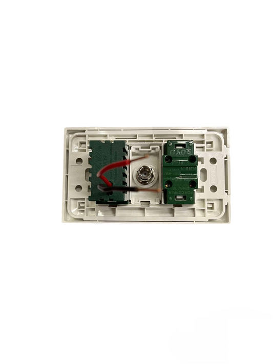 Royu 3 Gang 2 Port USB 2100mAh 5VDC white wall plate interior showing PCBs red wire and metal coax connector