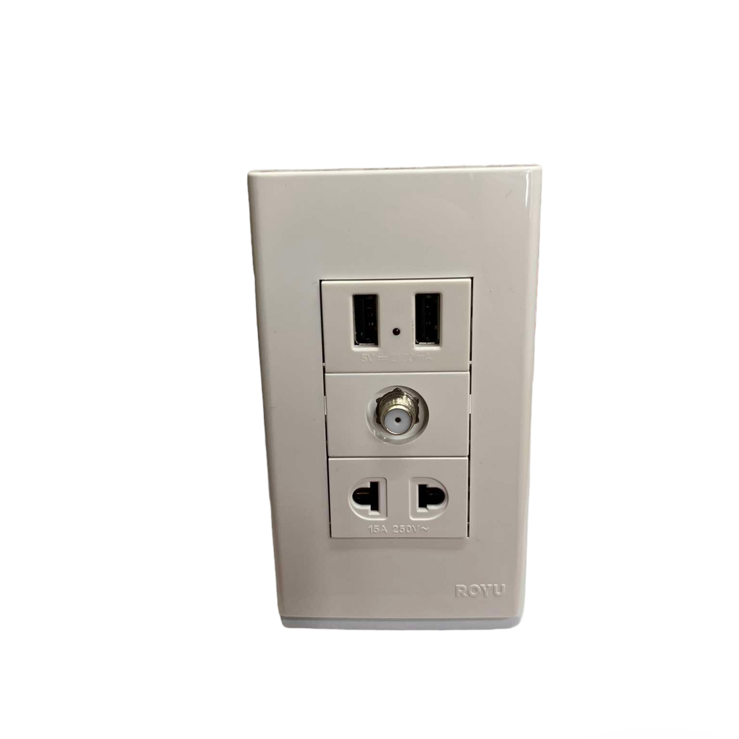 Royu white 3 gang wall plate with 2 AC sockets coax TV connector and 2 USB charging ports 3 Gang 2 Port USB 2100mAh 5VDC