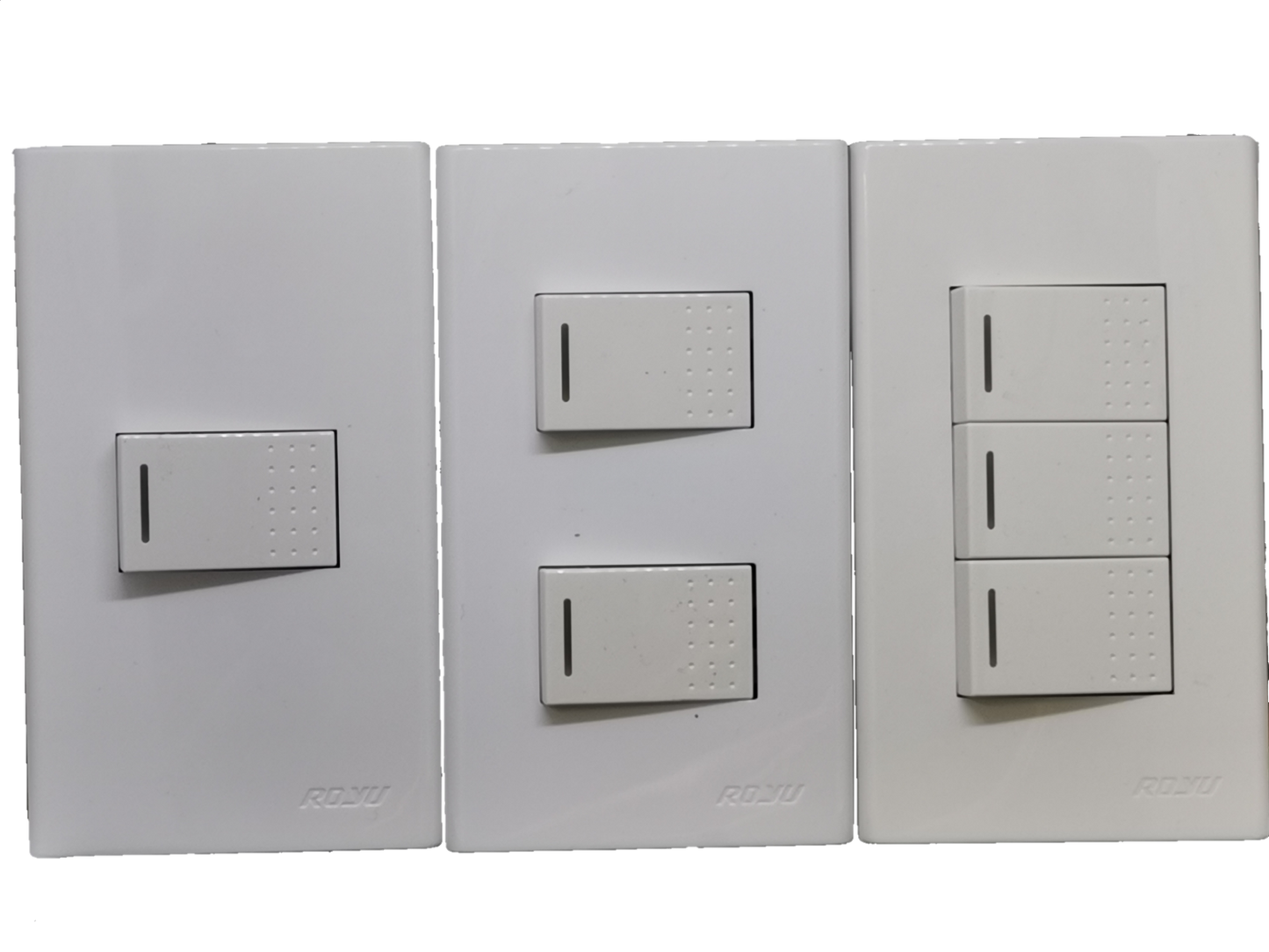 Royu 3 gang switch wall plate featuring single, double, and triple switches in white finish