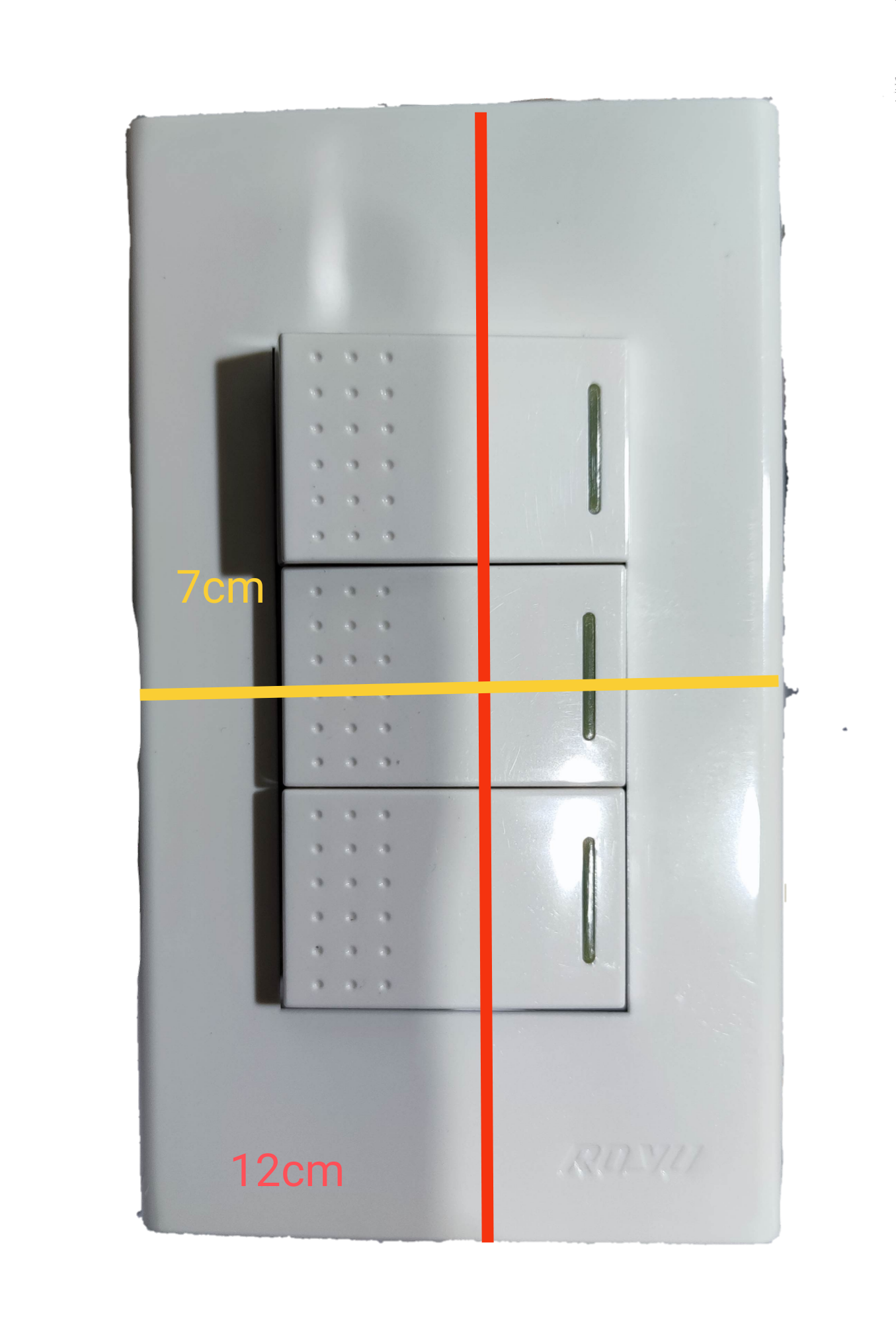 Royu 3 gang switch wall plate in white with three rocker switches and indicator lights