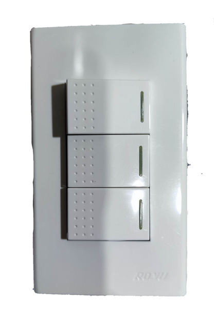 Royu 3 gang switch wall plate in white with three rectangular rocker switches and textured grip