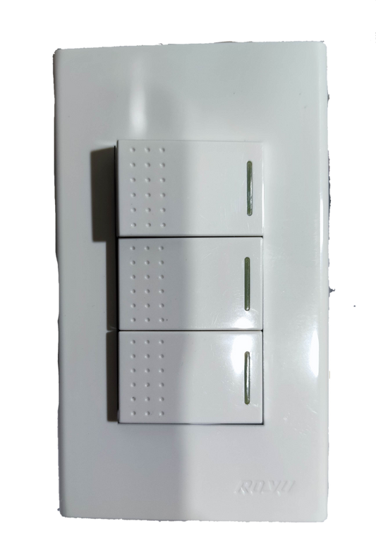 Royu 3 gang switch wall plate in white with three rectangular rocker switches and textured grip