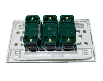 Royu 3 gang switch wall plate showing three green switches attached to white base