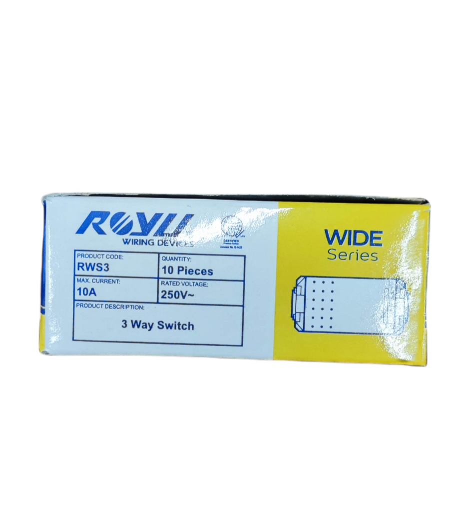 Royu 3 way switch Device Wide Series packaging showing product code and specifications