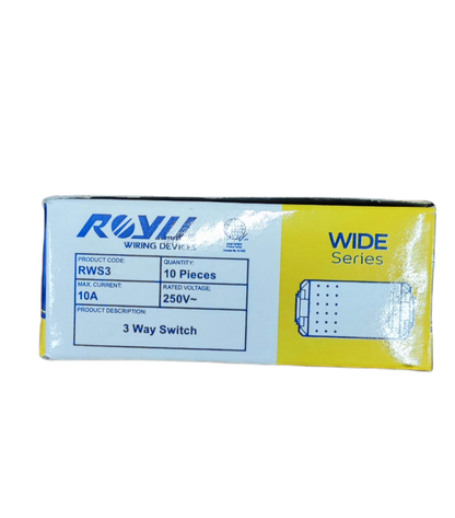 Royu 3 way switch Device Wide Series packaging showing product code and specifications