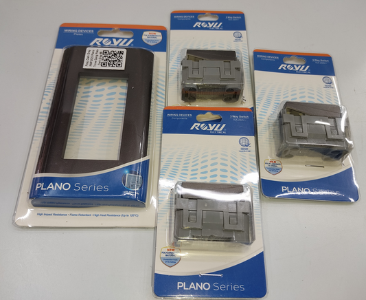Royu 3 Way Switch with Plate Dark Gray Plano packaged set showing dark gray plate frame and three switch modules