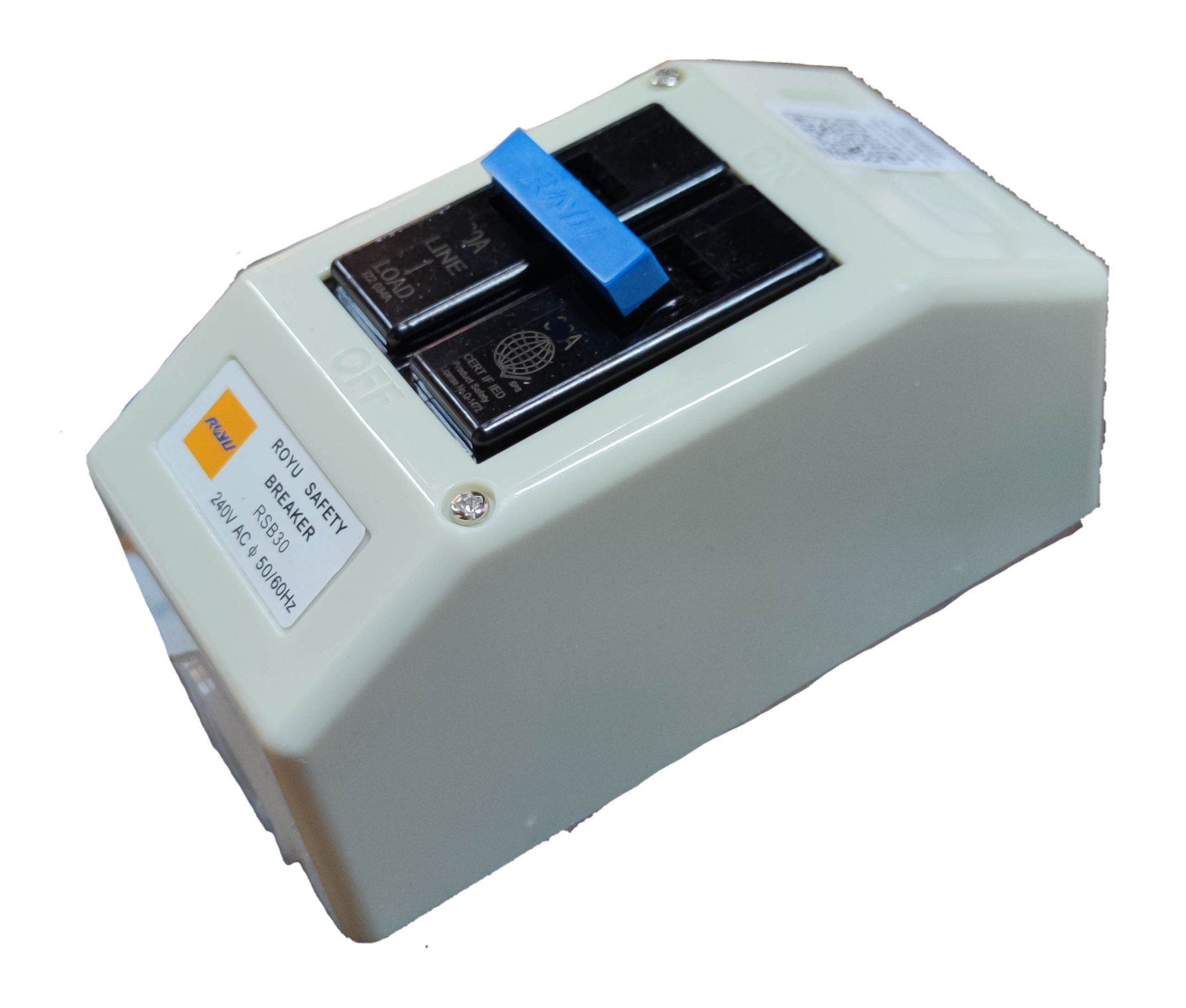 Royu 30 Ampere 2P Breaker with PVC Enclosure in off white housing showing blue dual pole switch