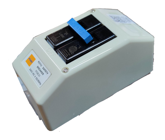 Royu 30 Ampere 2P Breaker with PVC Enclosure in off white housing showing blue dual pole switch