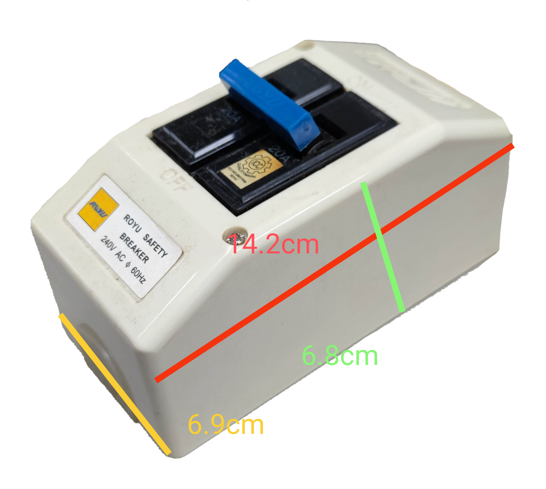 Royu electrical 30 Ampere 2P Breaker with PVC Enclosure . White PVC box with blue dual pole switch