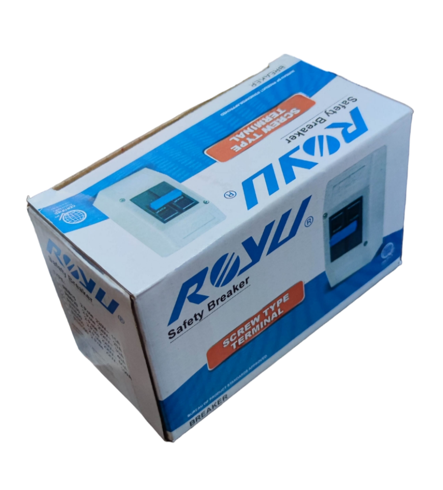 Royu boxed safety breaker with screw terminal label showing product image and branding 30 Ampere 2P Breaker with PVC Enclosure .
