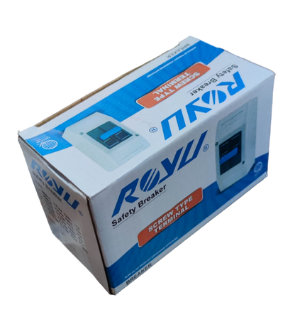Royu boxed safety breaker with screw terminal label showing product image and branding 30 Ampere 2P Breaker with PVC Enclosure .
