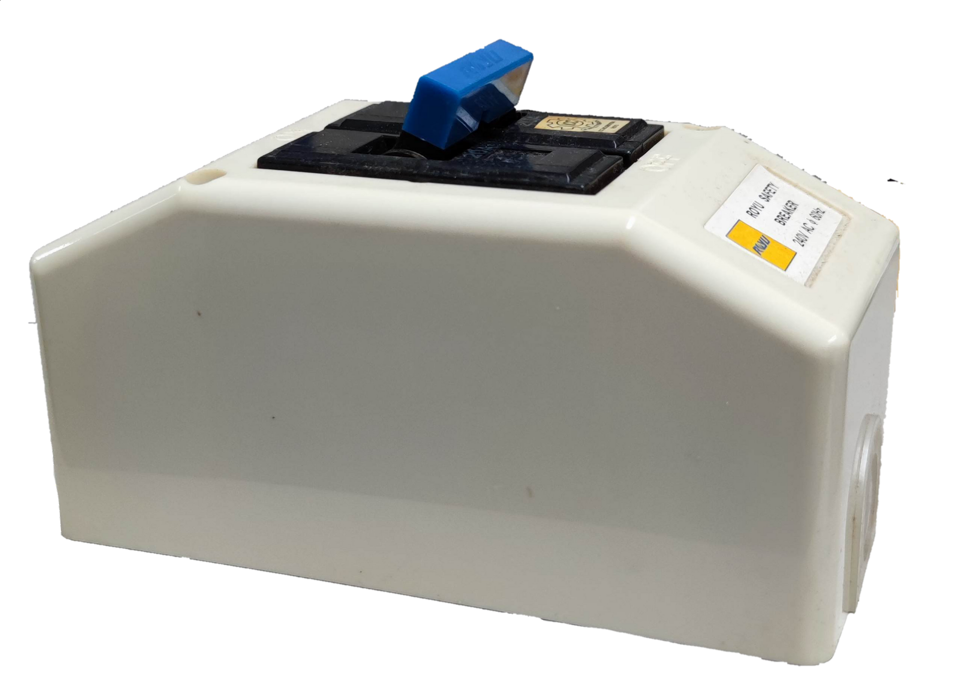 Royu 30 Ampere 2P Breaker with PVC Enclosure . White compact PVC box with black top and blue toggle switch