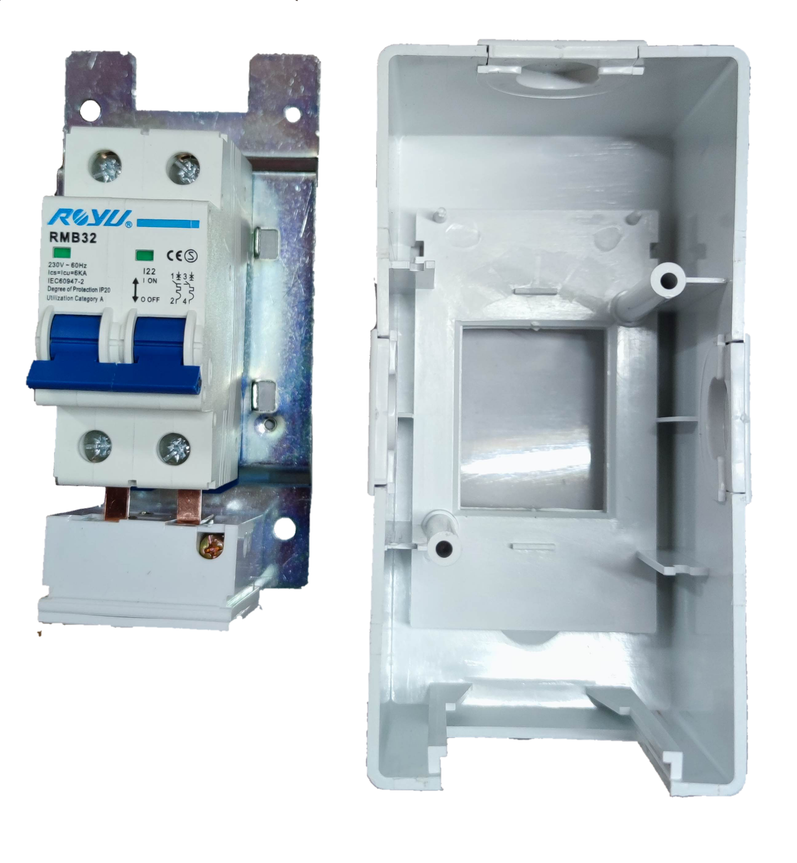 Royu 32A Circuit Breaker 220V 6KIAC dual pole unit on metal mounting plate with white plastic enclosure box