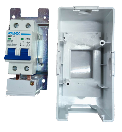 Royu 32A Circuit Breaker 220V 6KIAC dual pole unit on metal mounting plate with white plastic enclosure box