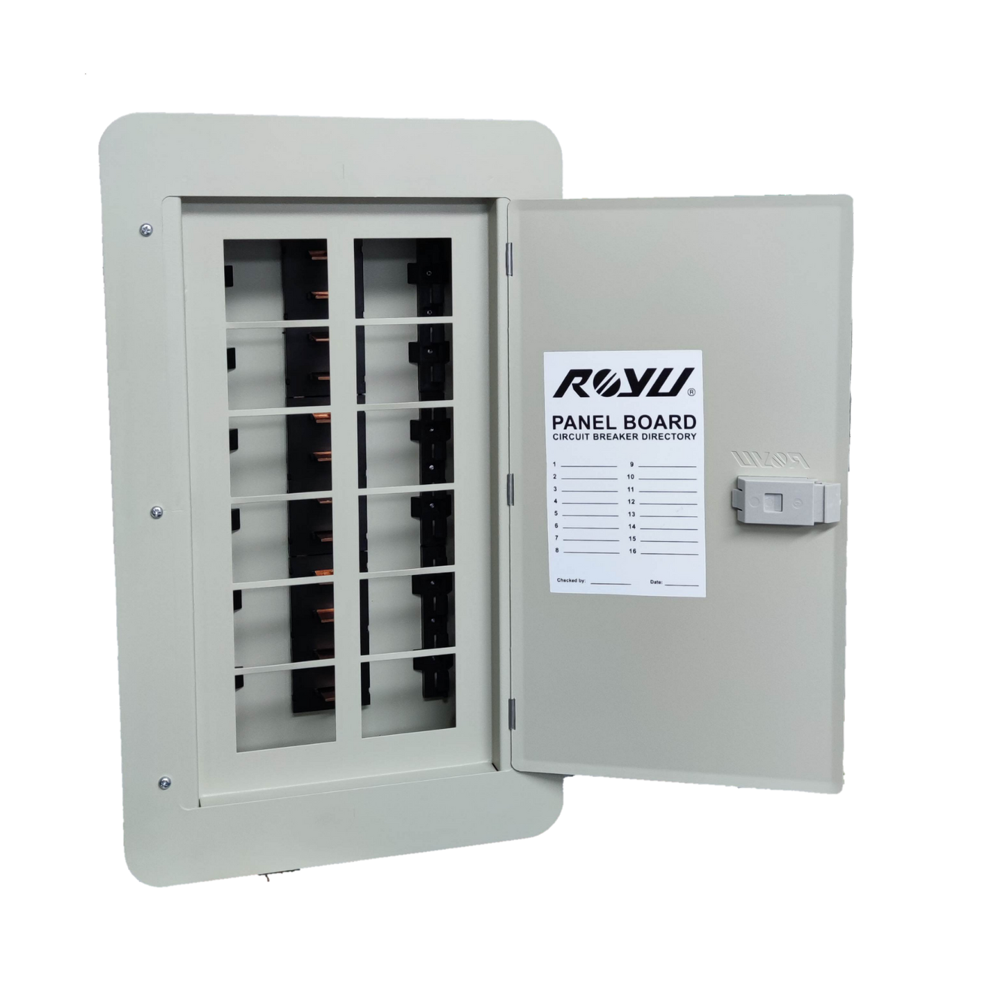 Royu 6x6 two pole plug in panel box electrical circuitry part with open gray metal door