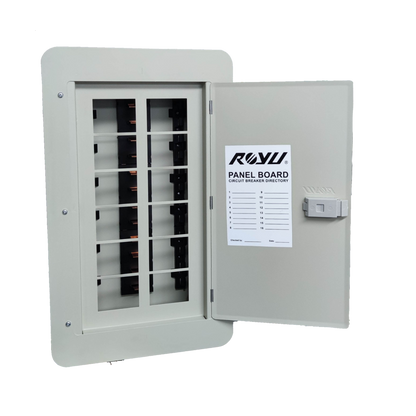 Royu 6x6 two pole plug in panel box electrical circuitry part with open gray metal door