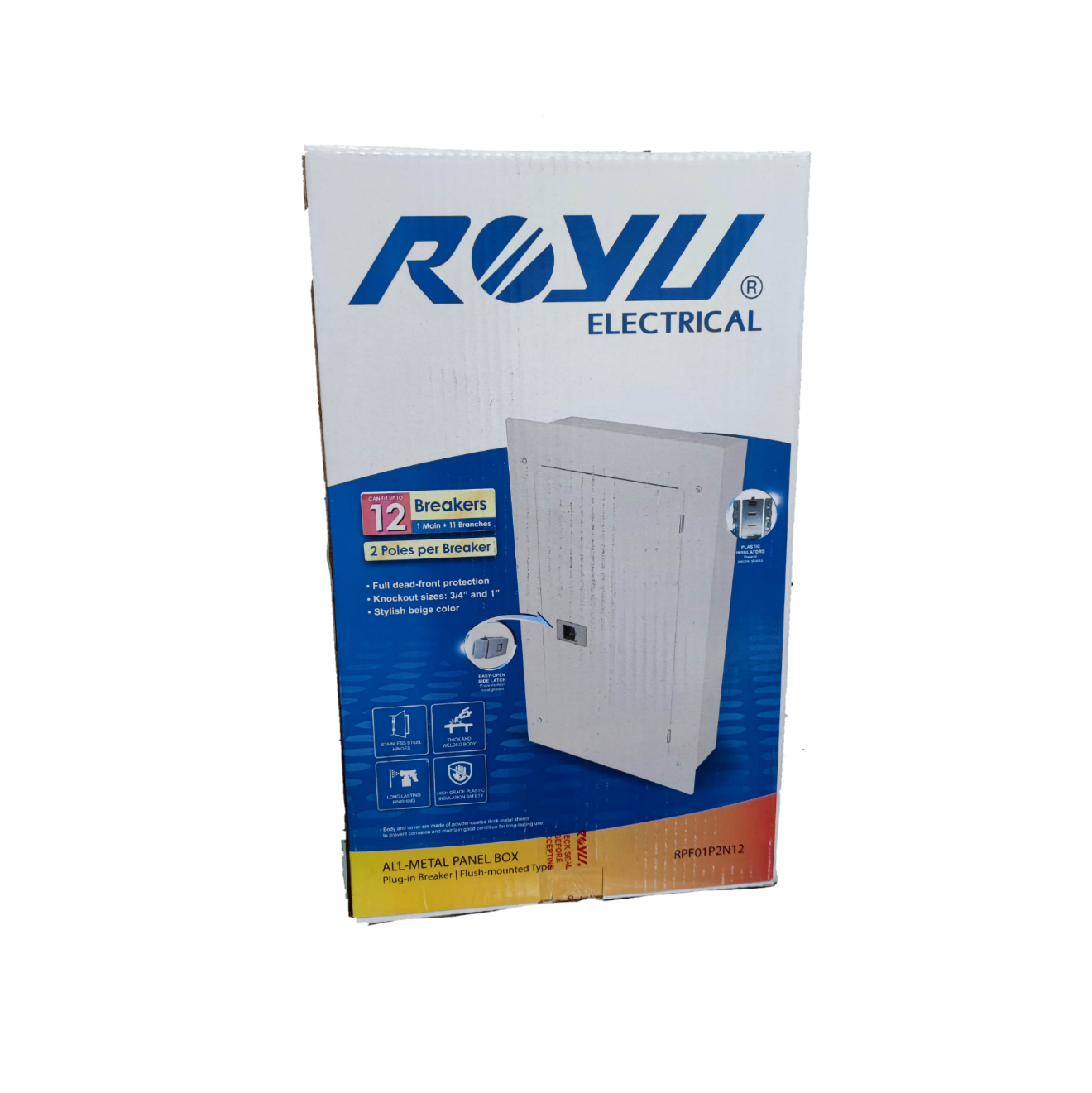 Royu 6x6 two pole plug in panel box with 12 breakers and full dead front protection in beige color