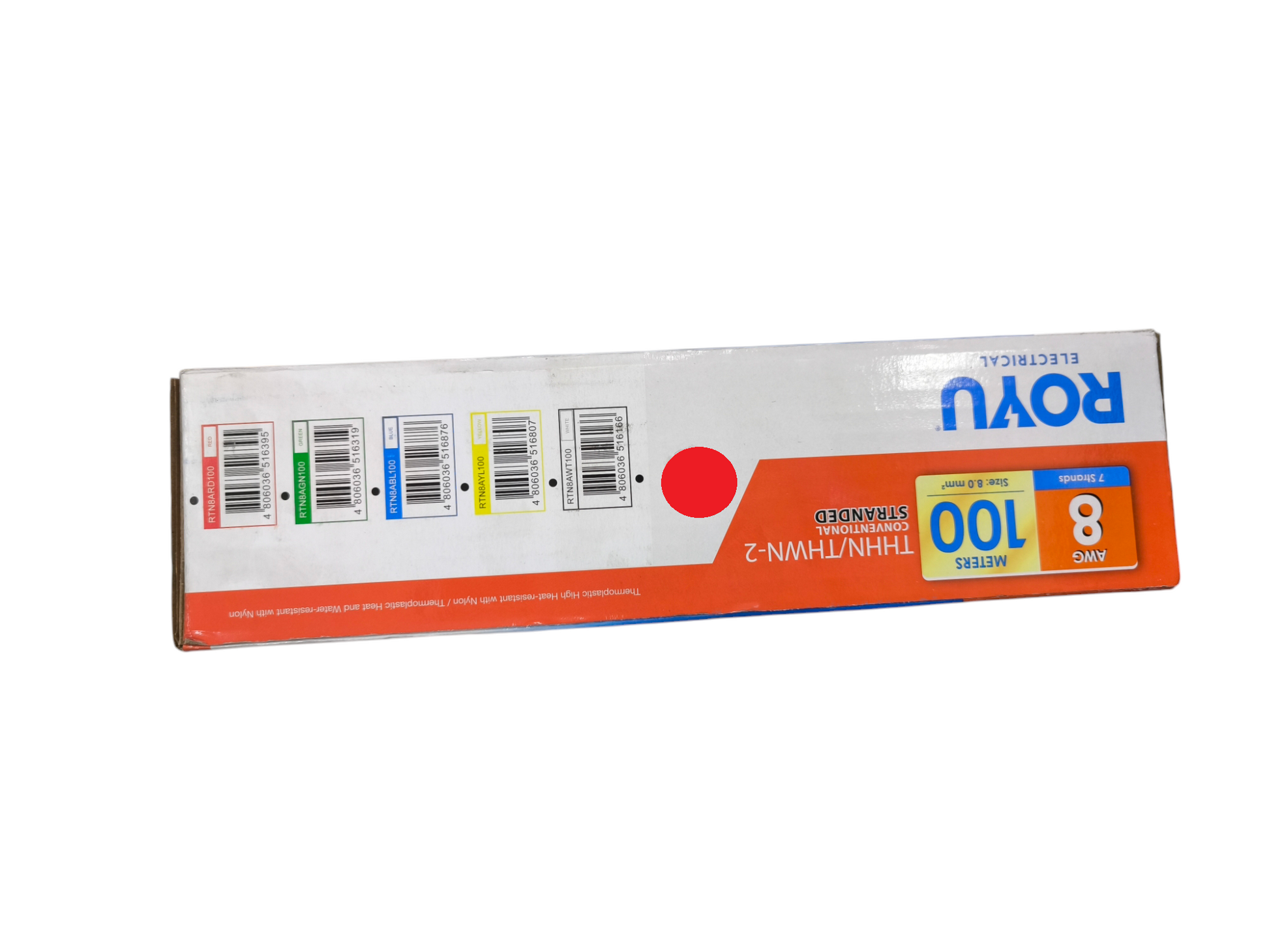 Royu 8mm THHN Wire Red - 1 Meter packaged in a sturdy box with color-coded labels for easy identification