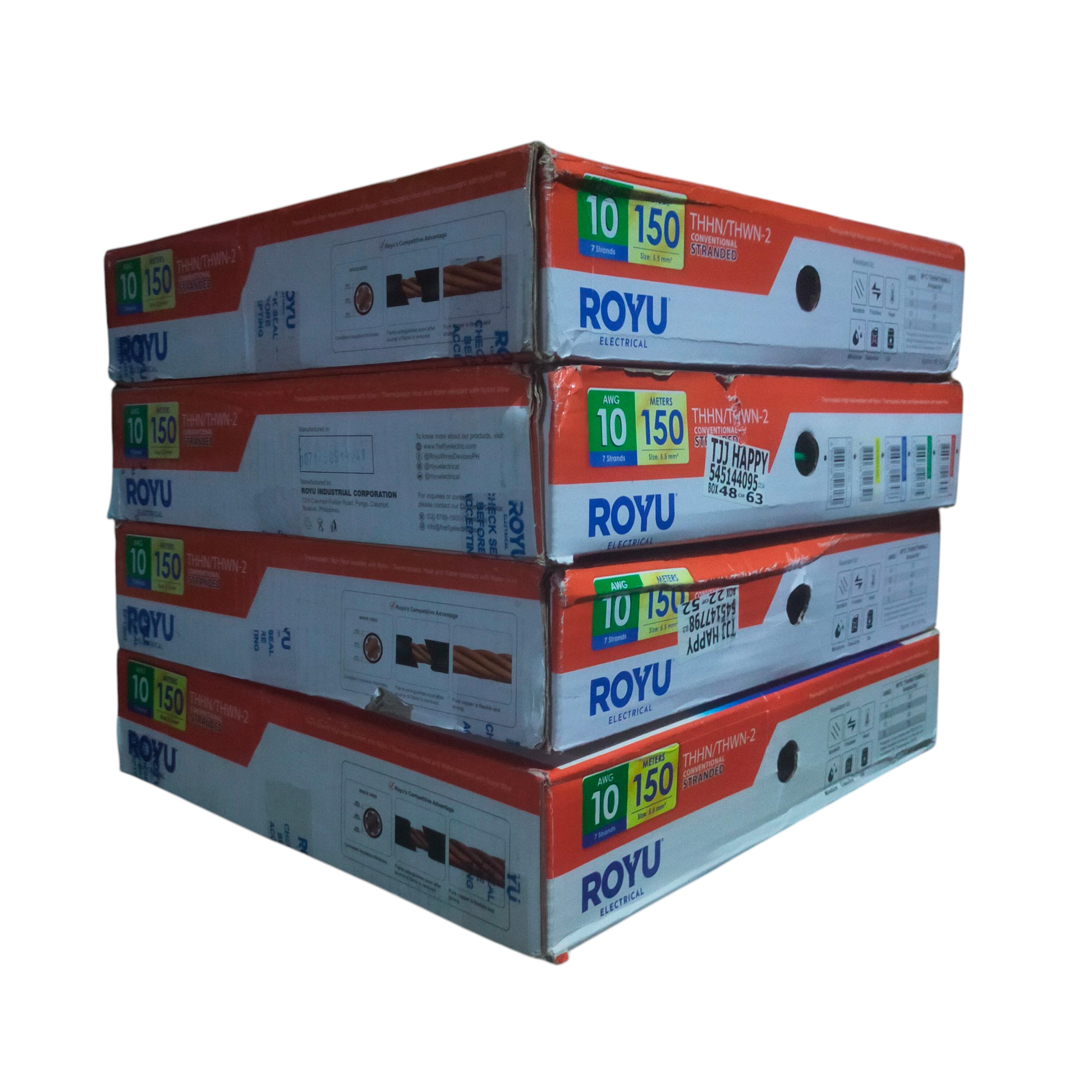 Stack of Royu boxed AWG 10 THHN-THWN Stranded Wire Blue reels in retail packaging showing 10 and 150 labels