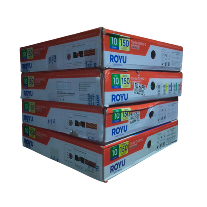 Stack of Royu boxed AWG 10 THHN-THWN Stranded Wire Blue reels in retail packaging showing 10 and 150 labels
