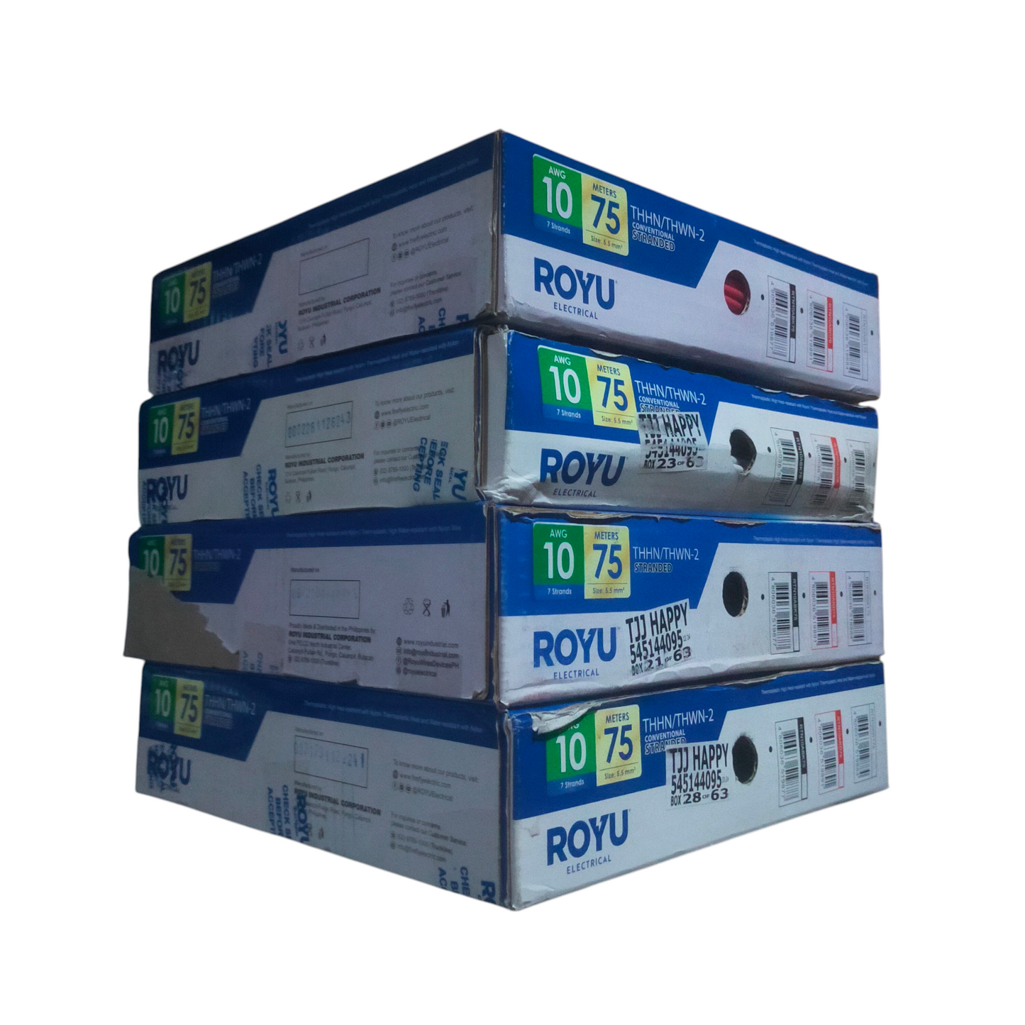 Stacked Royu boxes containing AWG 10 THHN-THWN Stranded Wire Blue 75m spools for electrical wiring