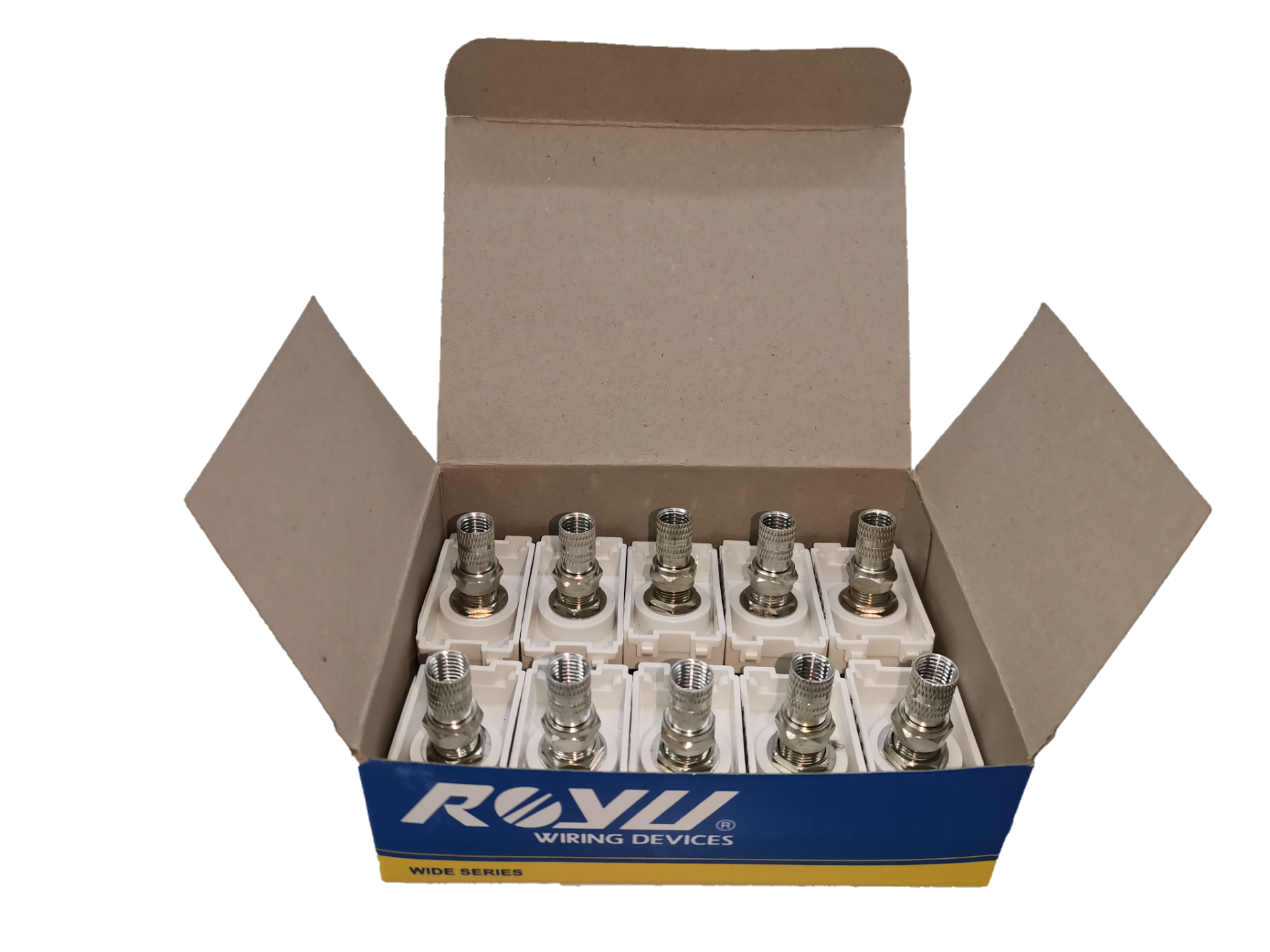 Box of ten Royu cable TV outlet connectors for electrical wiring and signal transmission