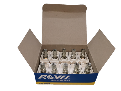 Box of ten Royu cable TV outlet connectors for electrical wiring and signal transmission