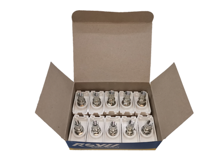 Royu cable TV outlet connectors in a cardboard box for electrical circuitry and parts