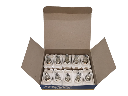 Royu cable TV outlet connectors in a cardboard box for electrical circuitry and parts