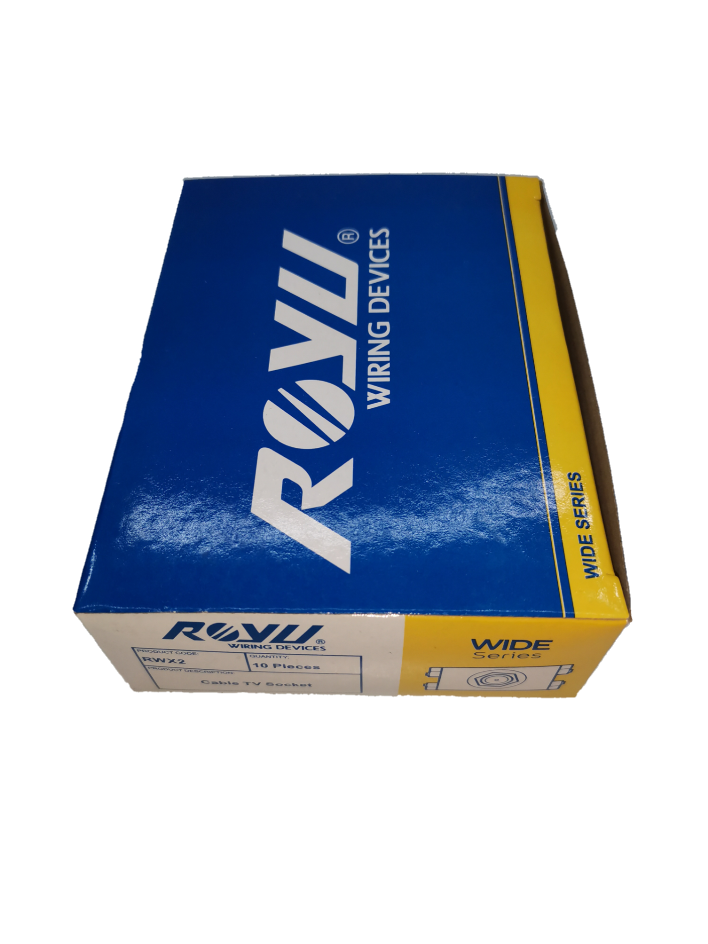 Royu cable TV outlet wiring device box with blue and yellow packaging for electrical circuitry