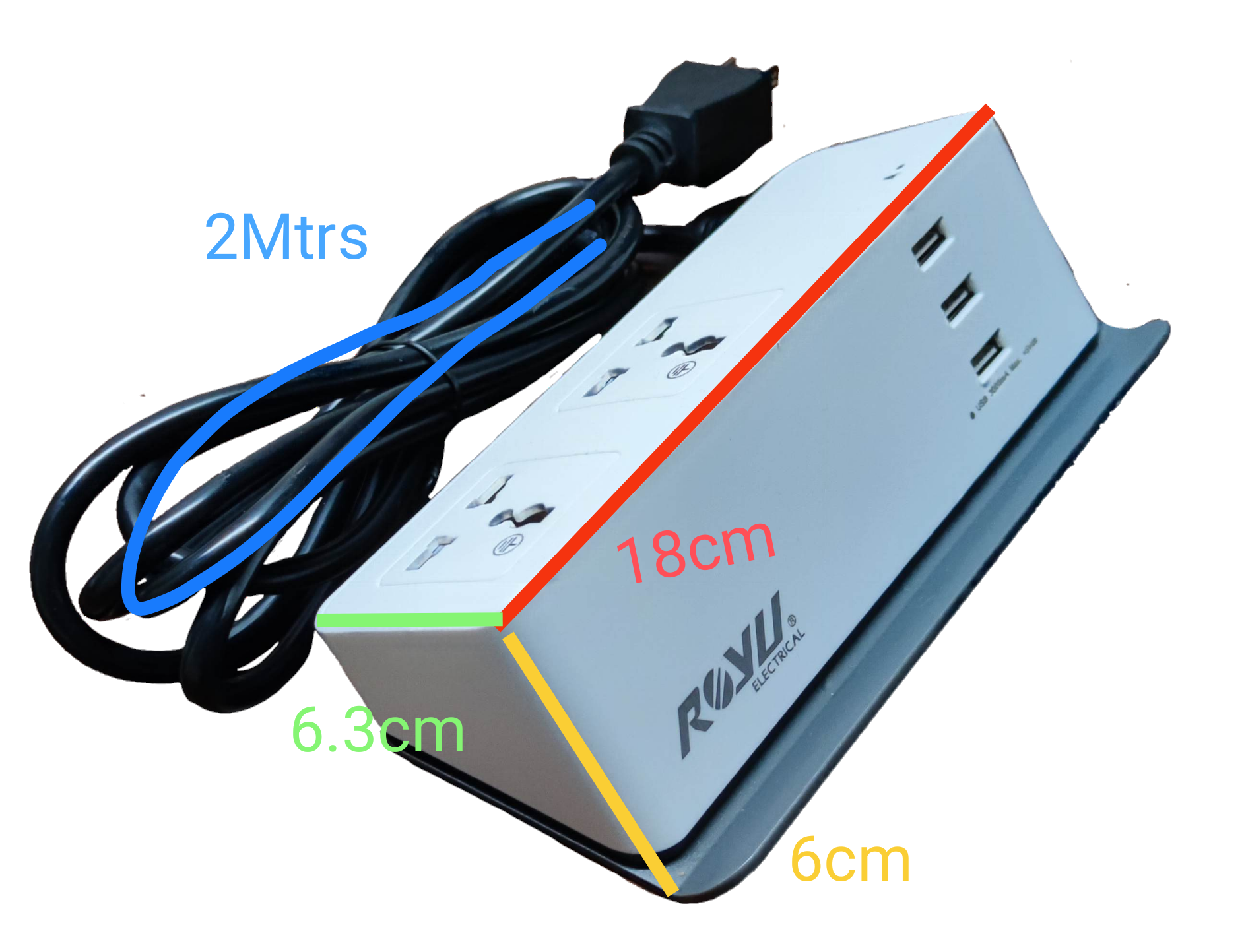 Royu Desk Extension Cord with 2 Gang featuring multiple outlets and USB ports with attached 2 meter power cable