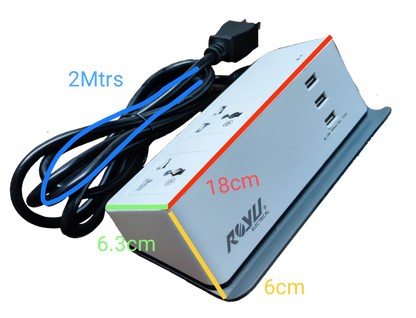 Royu Desk Extension Cord with 2 Gang featuring multiple outlets and USB ports with attached 2 meter power cable
