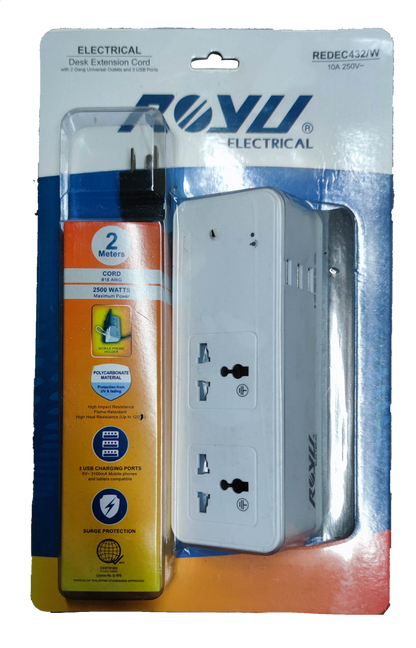 Royu Desk Extension Cord with 2 Gang, 2 meters long with surge protection and USB ports