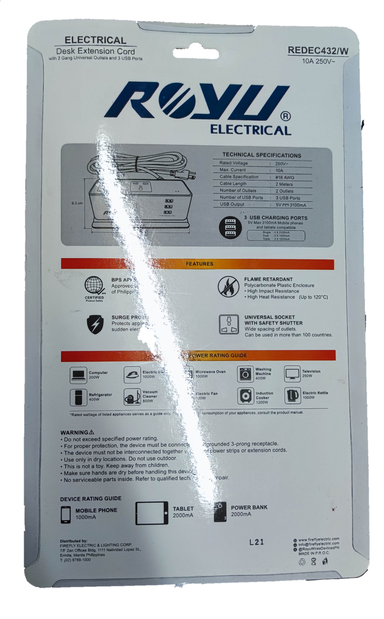 Royu Desk Extension Cord with 2 Gang electrical extension cord packaging with technical specifications