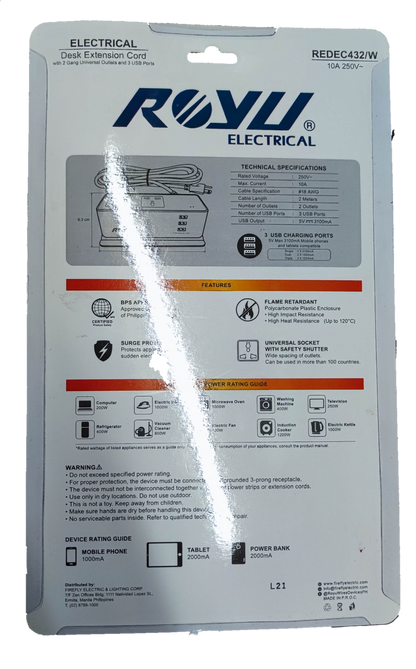 Royu Desk Extension Cord with 2 Gang electrical extension cord packaging with technical specifications