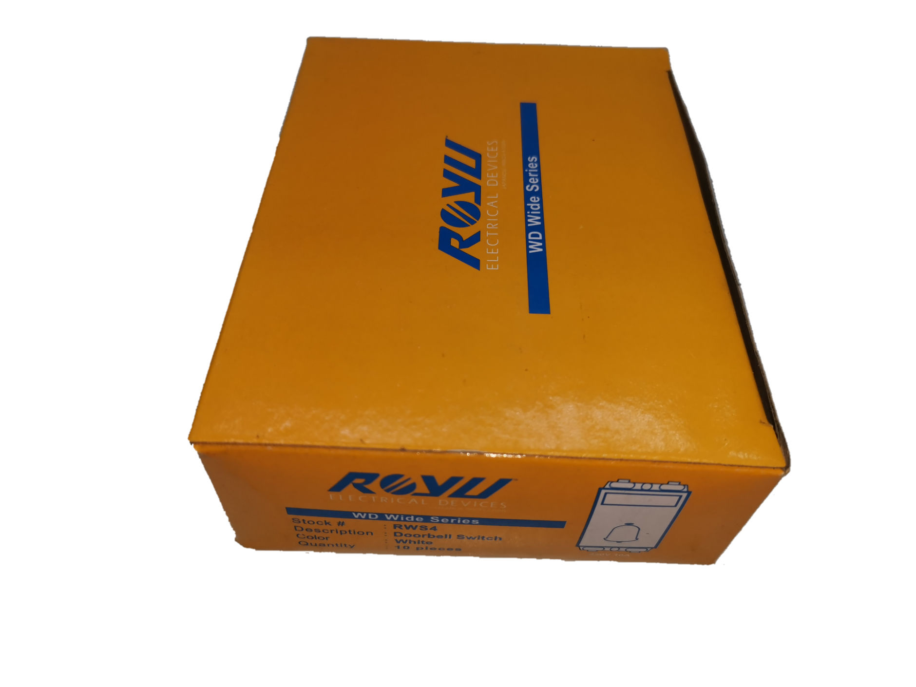 Royu Doorbell Switch RWS4 10pcs packaged in an orange box with blue branding for power points and switches