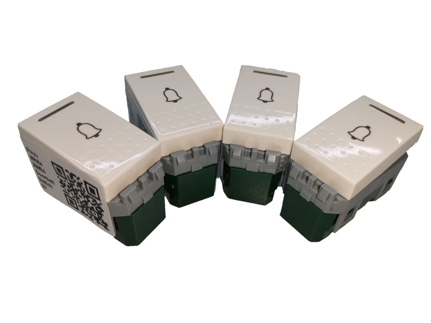 Four Royu Doorbell Switch RWS4 units with beige top and bell icon designed for power points and switches