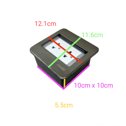 Royu Duplex Universal Outlet with Ground 16A in black with dimensions for power points and switches
