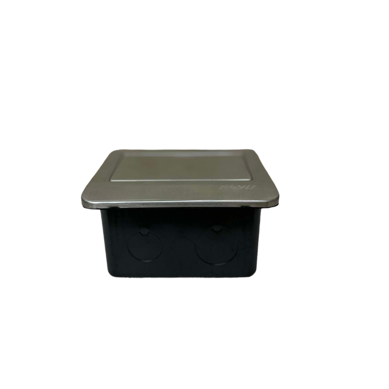 Royu Duplex Universal Outlet with Ground 16A featuring a sleek silver cover and black base