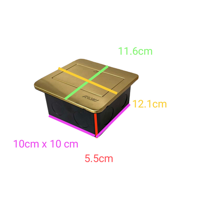Royu Floor Outlet 2 Port USB Outlet 2100mAh with gold top and black base showing dimensions