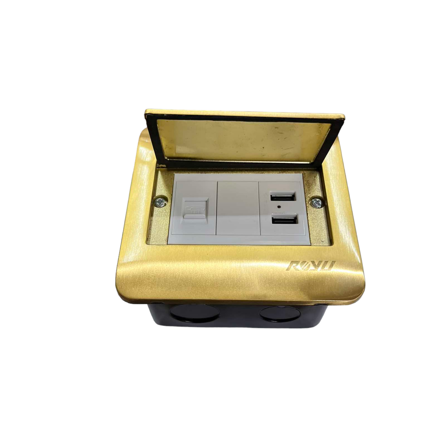 Royu Floor Outlet 2 Port USB Outlet 2100mAh with gold cover and dual USB ports for power and charging