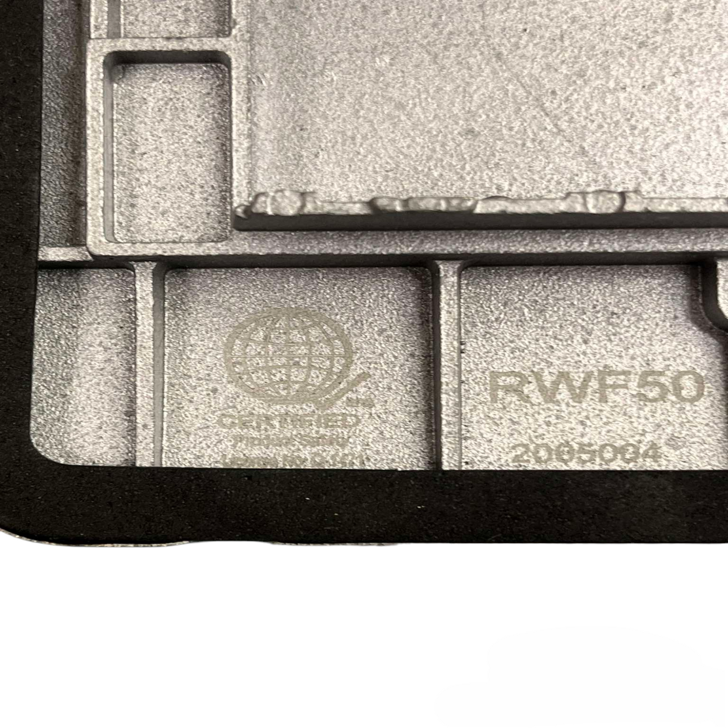 Close-up of metal part of Royu Floor Outlet 2 Port USB Outlet 2100mAh with certification marks