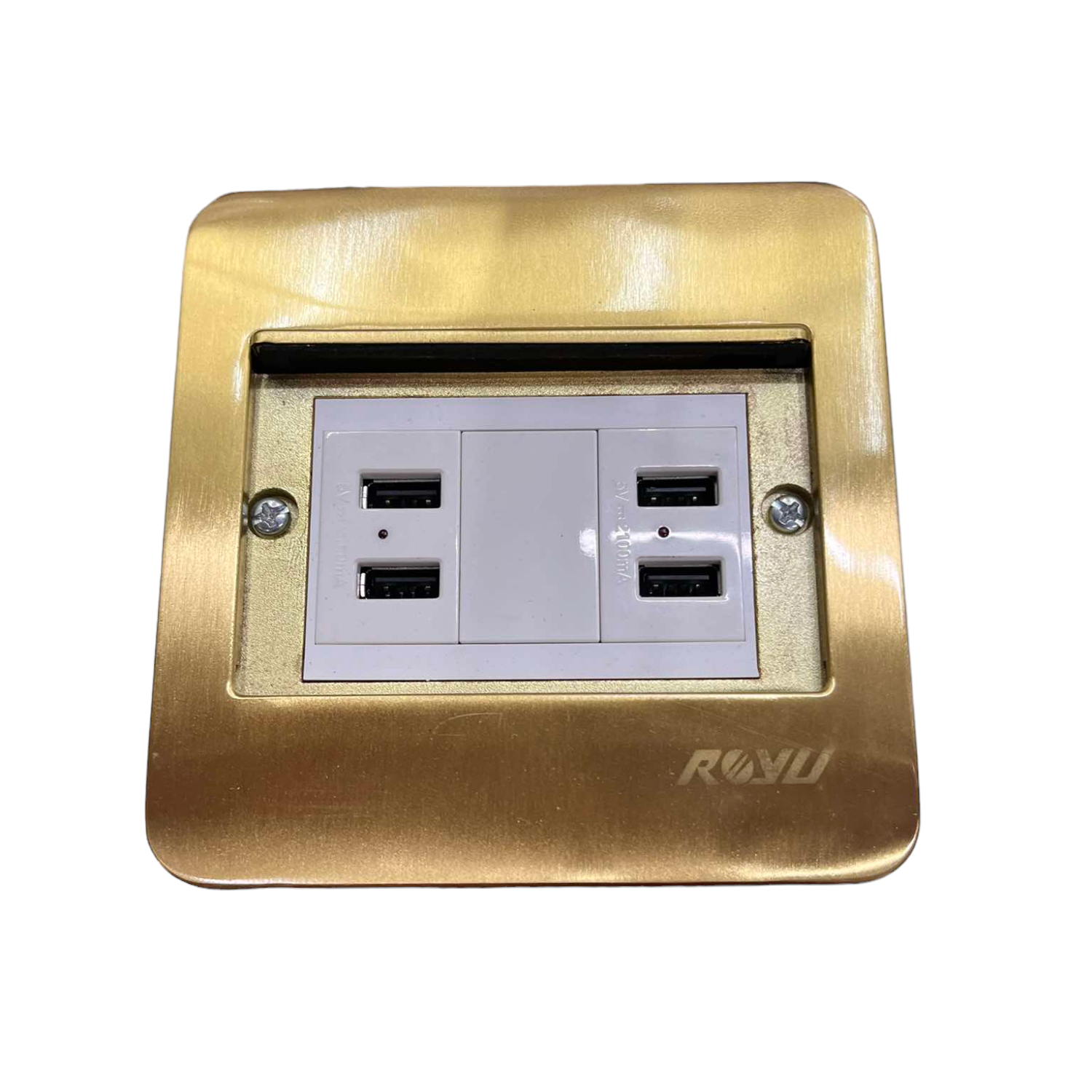 Royu Floor Outlet 4 Port USB Outlet with gold metal frame and white USB charging ports