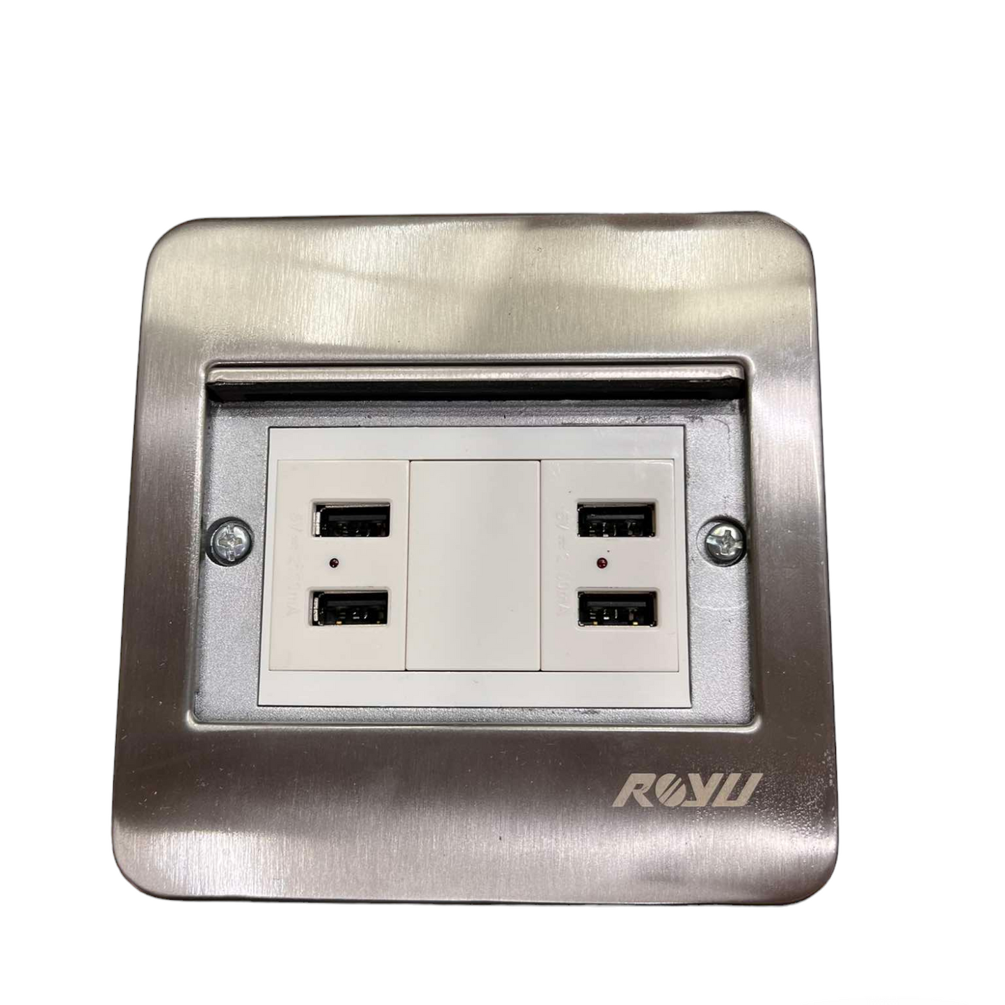 Royu Floor Outlet 4 Port USB Outlet with stainless steel frame and four USB charging ports