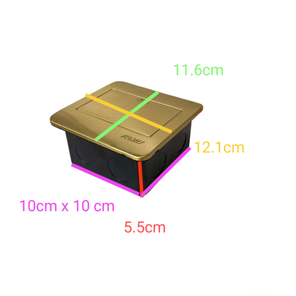 Royu Floor Outlet 4 Port USB Outlet with gold top and black base showing dimensions