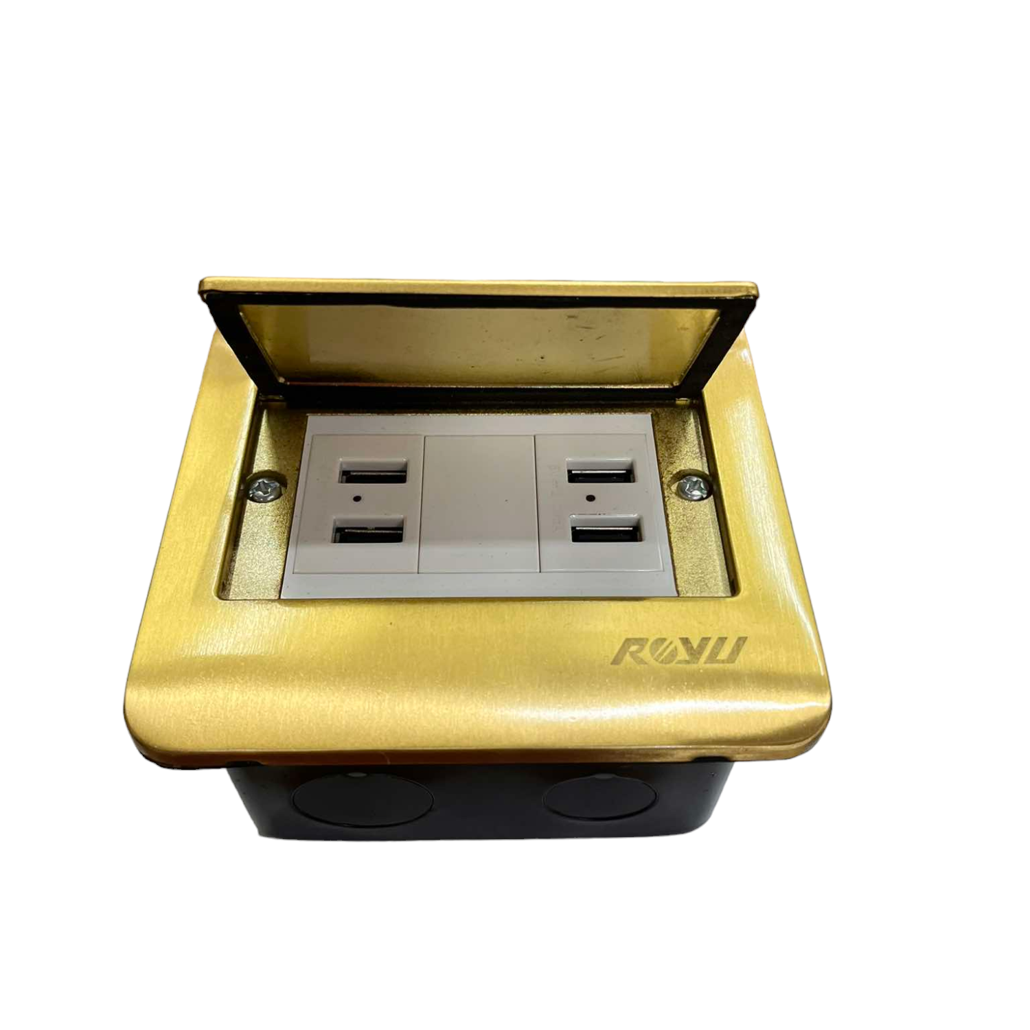 Royu Floor Outlet 4 Port USB Outlet with gold cover and four USB ports for charging devices