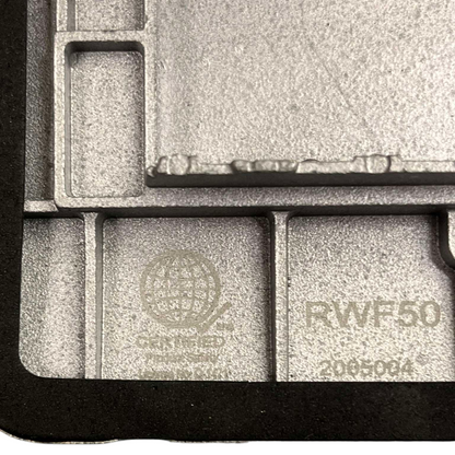 Close-up view of Royu Floor Outlet 4 Port USB Outlet metal casing with certification marking