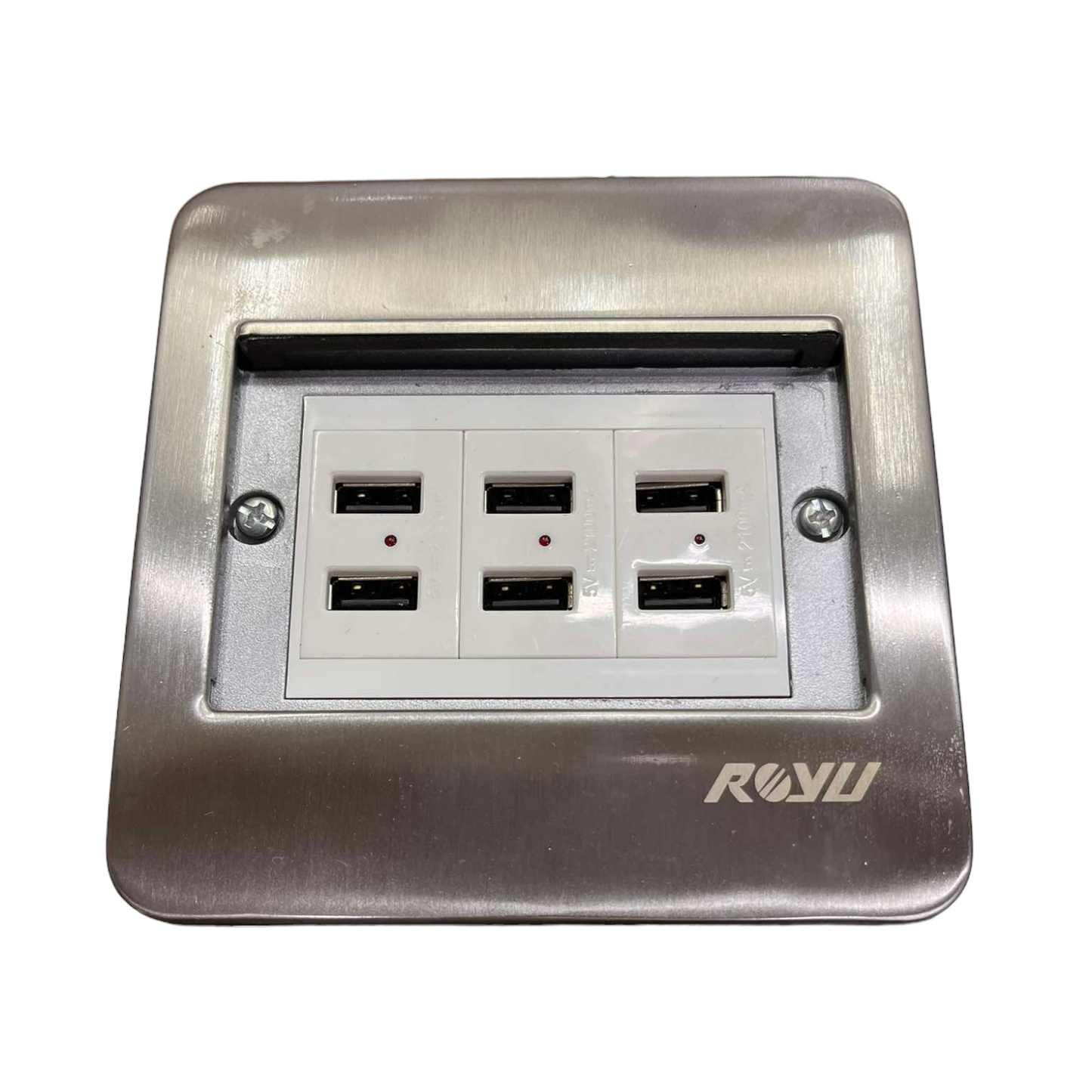 Royu Floor Outlet 6 Port USB Outlet with stainless steel cover and six USB charging ports