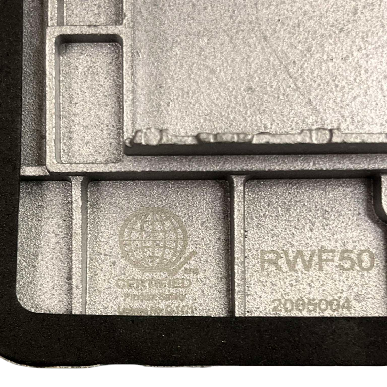 Close-up of Royu Floor Outlet 6 Port USB Outlet metal casing with certification marks